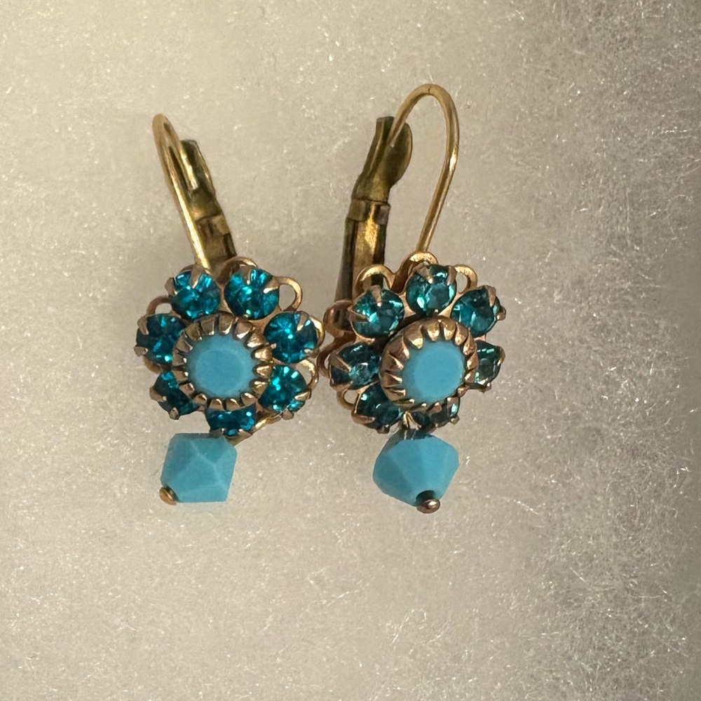 Gold and Blue Crystal Flower Earrings